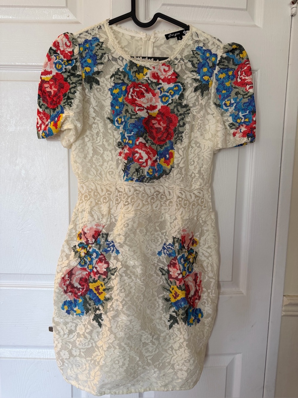 Lace Floral Embroidered Mini Dress in Ivory with Red & Blue Accents